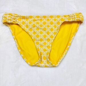JC PENNEY WOMENS YELLOW AND WHITE GEOMETRIC PRINT RUNCHED SIDE BIKINI BOTTOM L